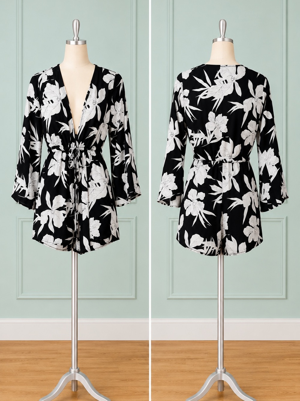 Show Me Your MuMu—“Roxy Romper,” S, Black/White, Floral, Drawstring Waist